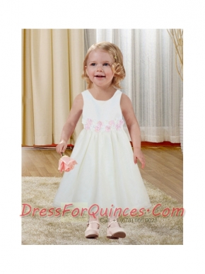 Comfortable Hand Made Flowers Scoop A-Line 2014 Flower Girl Dress with Tea-length