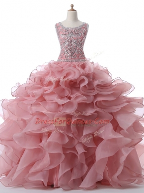 Sleeveless Floor Length Beading and Ruffles Zipper Vestidos de Quinceanera with Pink