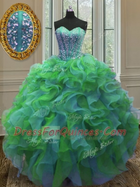 Eye-catching Multi-color Ball Gowns Sweetheart Sleeveless Organza Floor Length Lace Up Beading and Ruffles 15th Birthday Dress