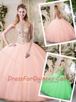 2016 Pretty Bateau Peach Quinceanera Dresses with Beading