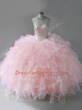 Pink Tulle Lace Up Halter Top Sleeveless Floor Length Sweet 16 Dresses Beading and Ruffles