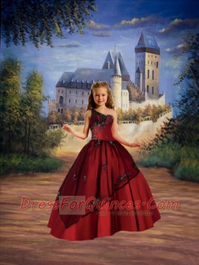Puffy One Shoulder Wine Red 2014 Little Girl Pageant Dress with Appliques