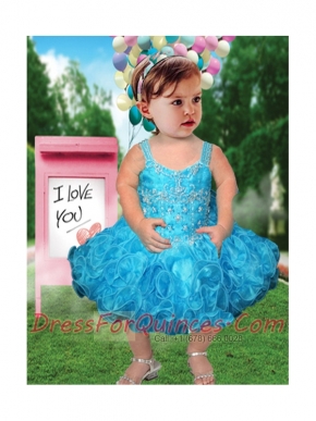 2014 Modest Straps Knee-length Beading and Ruffles Little Girl Dress with Zipper-up