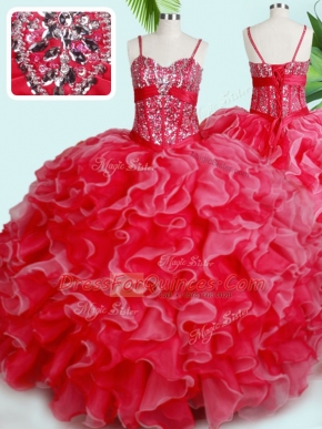 Exceptional Sleeveless Floor Length Beading and Ruffles Lace Up Ball Gown Prom Dress with Red