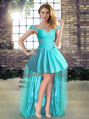 Best Selling Sleeveless High Low Beading Lace Up Homecoming Dress with Aqua Blue