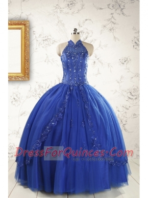 2015 HalterTop Appliques and Beading Dresses For 15 in Royal Blue