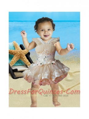 Champagne Short V-neck Lace-up Little Girl Dress with Ruching and Appliques