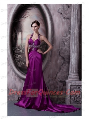 Prom Dress Column Eggplant Purple Halter Court Train Silk Like Satin Beading