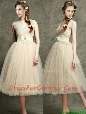 Cheap Champagne V Neck Dama Dresses with Belt and Bowknot