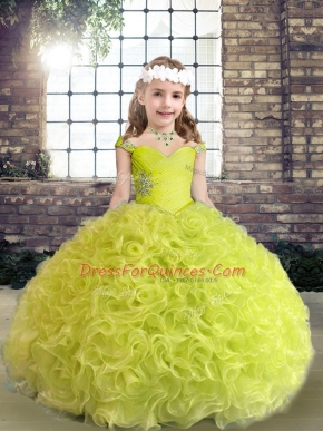 Trendy Fabric With Rolling Flowers Straps Sleeveless Lace Up Beading and Ruffles Girls Pageant Dresses in Yellow Green