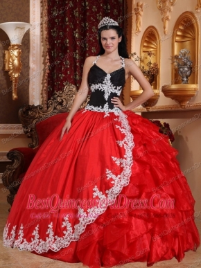 Red and Black Ball Gown V-neck Floor-length Taffeta and Organza Appliques Quinceanera Dress