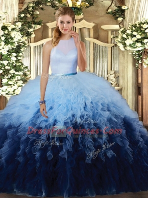 Multi-color Tulle Backless Quince Ball Gowns Sleeveless Floor Length Ruffles