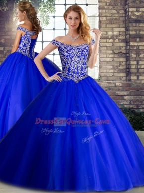 Eye-catching Tulle Off The Shoulder Sleeveless Brush Train Lace Up Beading Sweet 16 Dress in Royal Blue