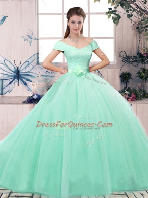 Trendy Floor Length Apple Green Quinceanera Gown Off The Shoulder Short Sleeves Lace Up