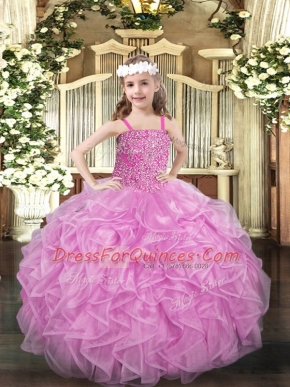Rose Pink Sleeveless Beading and Ruffles Floor Length Pageant Dress