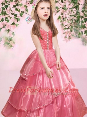 2014 Elegant Watermelon V-neck Ball Gown Little Girl Pageant Dress with Beading