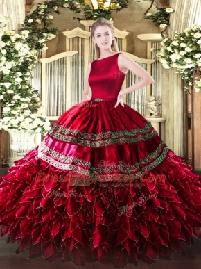 Wine Red Ball Gown Prom Dress Military Ball and Sweet 16 and Quinceanera with Ruffled Layers Scoop Sleeveless Clasp Handle