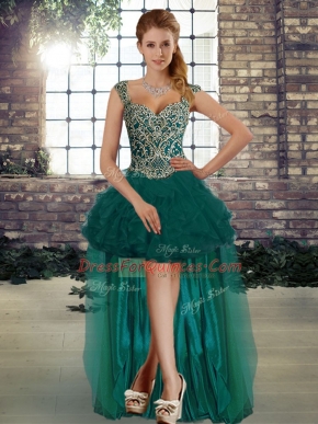 Dark Green Straps Lace Up Beading and Ruffles Evening Dress Sleeveless
