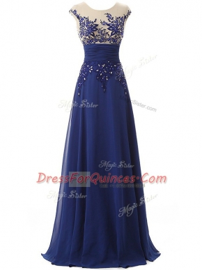 Amazing Sleeveless Chiffon Floor Length Zipper Prom Evening Gown in Blue with Lace and Appliques and Ruching