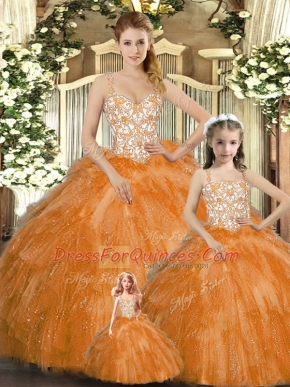 Orange Red Organza Lace Up Straps Sleeveless Floor Length Sweet 16 Quinceanera Dress Beading and Ruffles