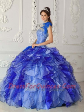 Ball Gown Lace-up Strapless Royal Blue Beadings and Appliques Satin and Organza Spring Quinceanera Dresses