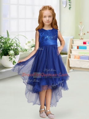 Sleeveless Organza High Low Zipper Flower Girl Dresses in Royal Blue with Sequins and Bowknot