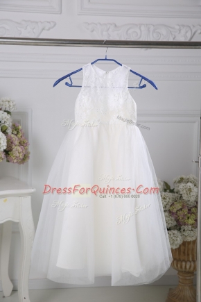 Noble White Tulle Zipper Flower Girl Dresses for Less Sleeveless Floor Length Lace