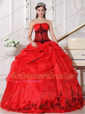 Red and Black Ball Gown Strapless Floor-length Appliques Organza Quinceanera Dress