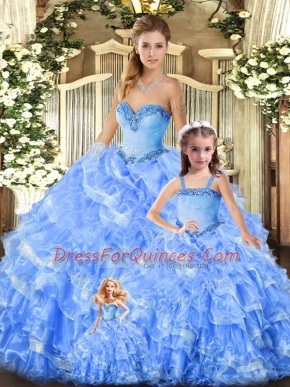 Luxurious Baby Blue Organza Lace Up Sweetheart Sleeveless Floor Length Vestidos de Quinceanera Beading and Ruffles