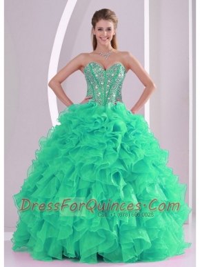 Green Ball Gown Sweetheart With Ruffles and Beading Long Quinceanera Gowns in New Styles