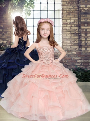 Straps Sleeveless Lace Up Pageant Gowns For Girls Peach Tulle