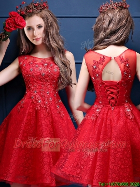 Classical Scoop Red Prom Dresses with Appliques and Beading