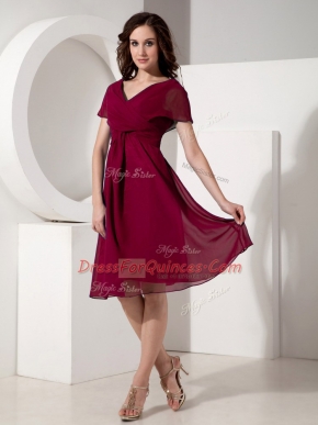 Graceful Knee Length Fuchsia Dress for Prom Chiffon Short Sleeves Ruching