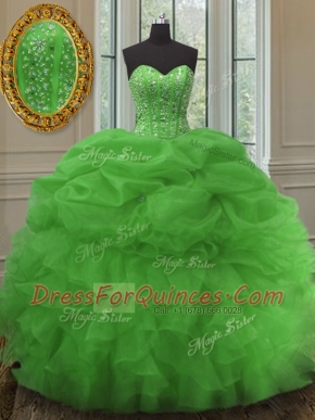 Green Sweetheart Neckline Beading and Ruffles and Pick Ups 15 Quinceanera Dress Sleeveless Lace Up