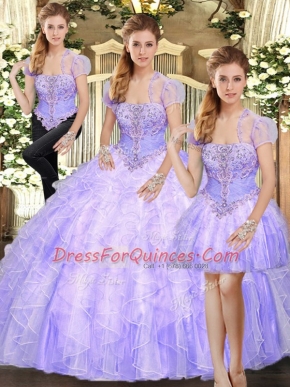 Discount Lavender Tulle Lace Up Quince Ball Gowns Sleeveless Floor Length Beading and Appliques and Ruffles