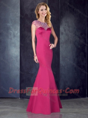 See Through Back Satin Beaded Prom Dress in Hot Pink