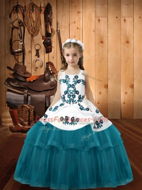 Customized Teal Little Girls Pageant Gowns Sweet 16 and Quinceanera with Embroidery Straps Sleeveless Lace Up