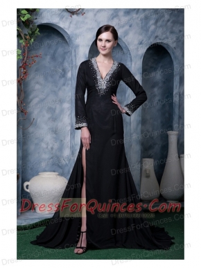 Prom Dress Black A-line V-neck Brush Train Chiffon Beading