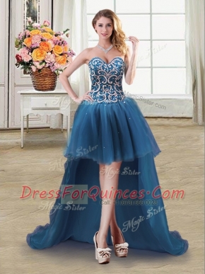 Beading and Sequins Evening Dress Teal Lace Up Sleeveless High Low