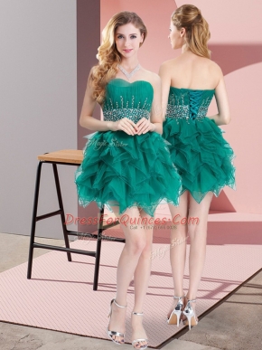 Stylish Sleeveless Mini Length Beading and Ruffles Lace Up Dama Dress for Quinceanera with Green