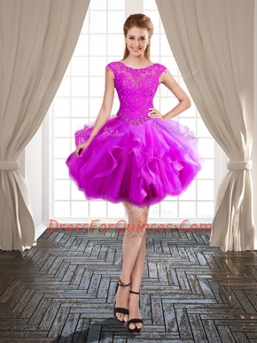 Customized Scoop Fuchsia Ball Gowns Beading and Ruffles Prom Party Dress Lace Up Tulle Cap Sleeves Mini Length