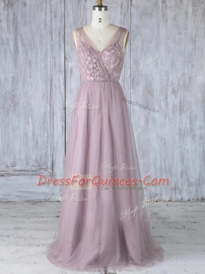 Lavender Sleeveless Appliques Floor Length Quinceanera Dama Dress