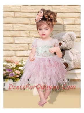 Baby Pink Lace-up Luxurious Little Girl Dress with Ruching and Beading
