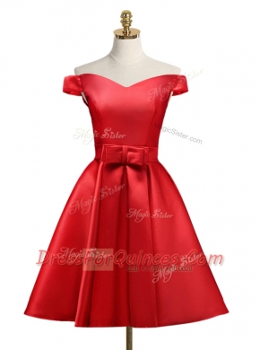 Off the Shoulder Knee Length Red Prom Dresses Satin Sleeveless Bowknot