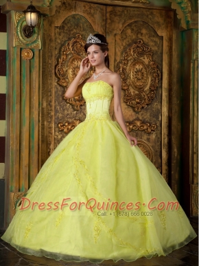 Sweet Yellow Strapless Organza Ball Gown Dress with Appliques
