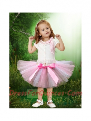 Cute Scoop Knee-length Bowknot Short Little Girl Dress with Short Sleeves