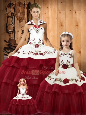 Halter Top Sleeveless Satin and Organza Vestidos de Quinceanera Embroidery and Ruffled Layers Brush Train Lace Up