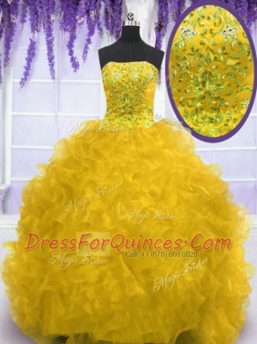 Traditional Gold Strapless Neckline Beading and Ruffles Quinceanera Dresses Sleeveless Lace Up