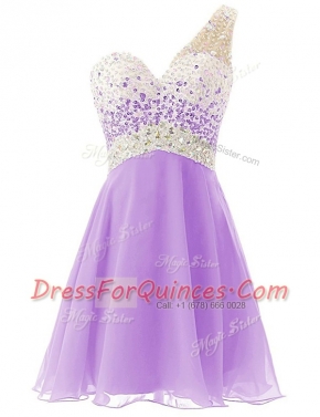 One Shoulder Beading Evening Dress Lavender Criss Cross Sleeveless Knee Length