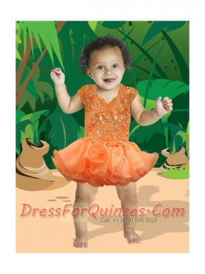 Orange V-neck Orange Short Little Girl Dress With Appliques Beading